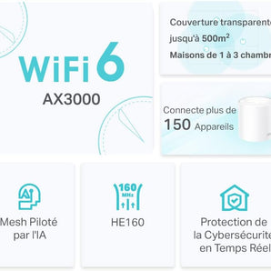 Deco X50(3-Pack) TP-Link Routeur WiFi 6 Mesh AX3000Mbps, Système WiFi 6 Pour Toute la Maison, WiFi Mesh, Bi-Bande, Repeteur WiFi Puissant, Couverture de 550㎡, Installation Facile, Contrôle Parental