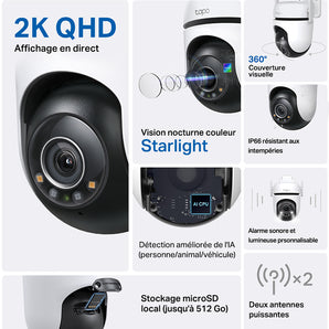 Tapo C520WS 2K(4MP) Caméra Surveillance WiFi Extérieur 360° PTZ C520WS, Vision Nocturne couleur Starlight, Détection de Personne et Suivi de Mouvement, Étanche IP66, Alarme sonore Personnalisable